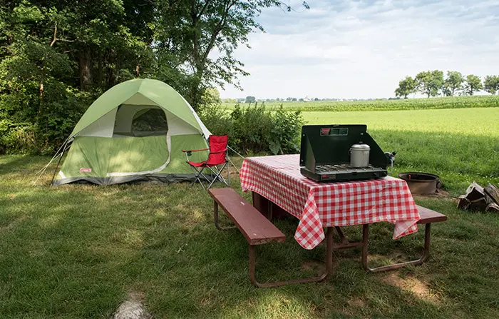Tent camping area at Country Acres Campground surrounded by peaceful Lancaster farmland.